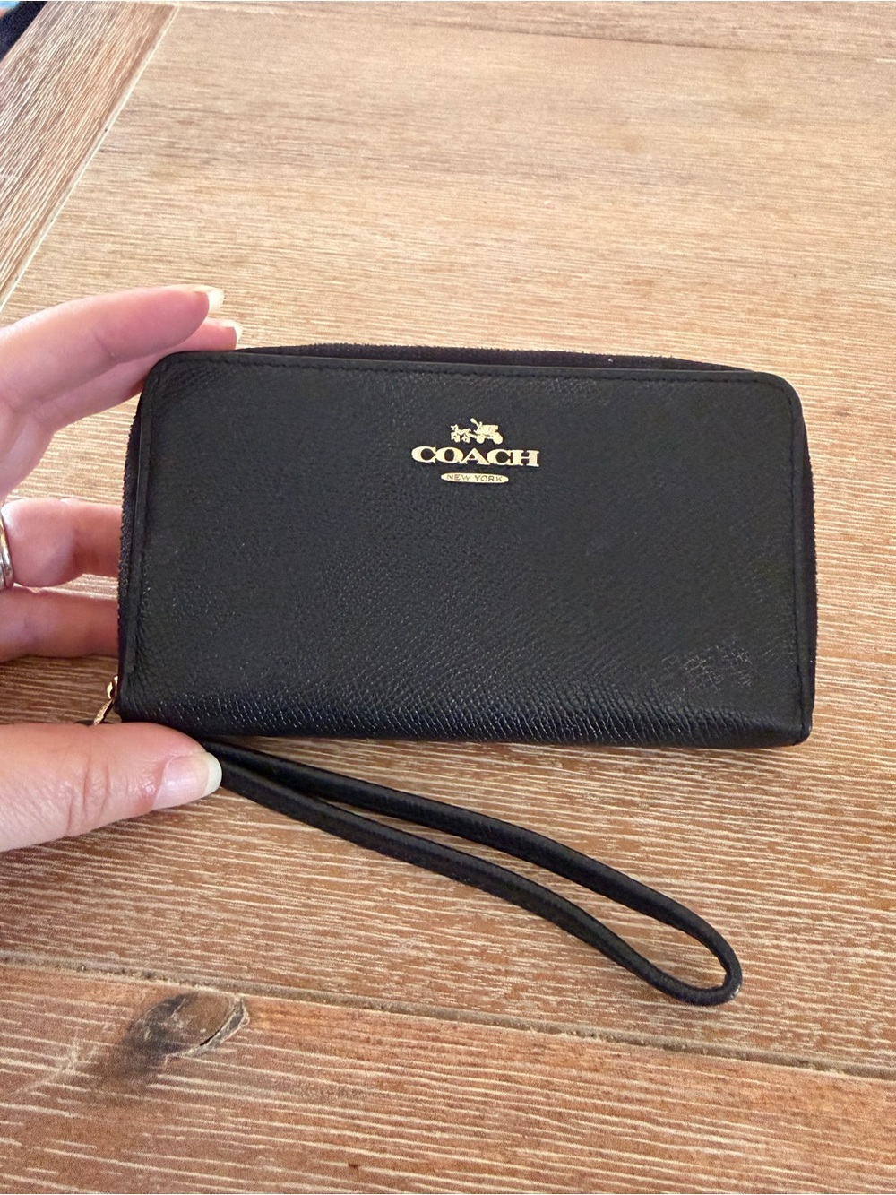 Coach Black Leather Wristlet Card Holder with Gold Logo